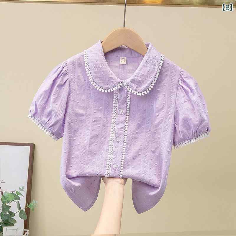 ビジョンストアのセットアップ 女の子 キッズ ジュニア シャツ トップス 半袖 フリル 花柄 花びら襟 Aライン 半ズボン ショートパンツ ズボン 短パンツ 上下セット 2点セット 通園 通学 普段着 涼しい 薄手 お出かけ｜アングル3