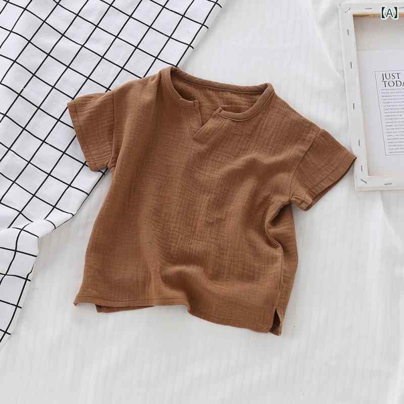 ビジョンストアのTシャツ 男の子 女の子 ベビー キッズ 子供 半袖 カットソー トップス Vネック 無地 綿 コットン 通気性 柔らかい 伸縮性 カジュアル レトロ ヴィンテージ風 洋風 かわいい 通園 通学 デイリー お出かけ 普段使い 春夏｜アングル2