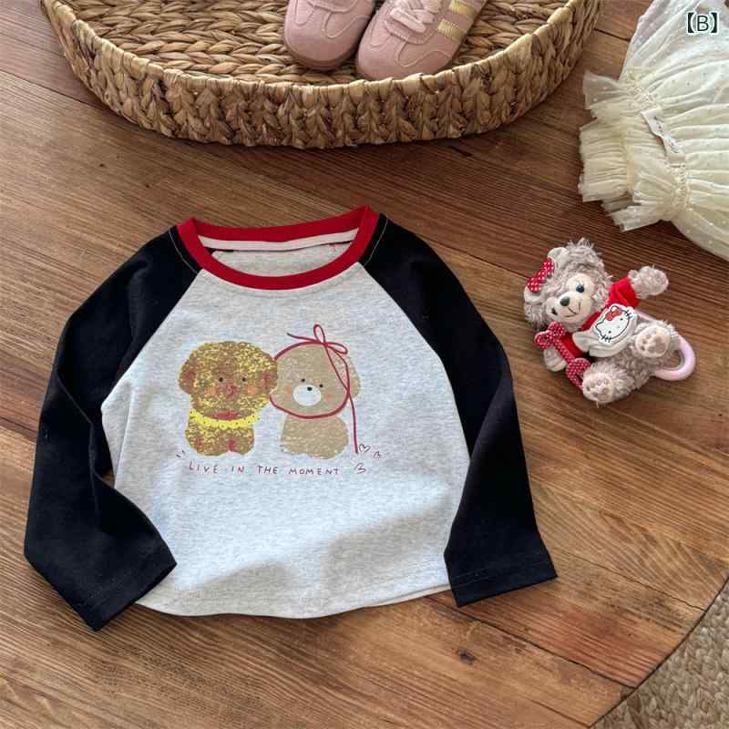 ビジョンストアのTシャツ キッズ 女の子 長袖 カットソー トップス インナー プルオーバー ラウンドネック 配色 切り替え キャラクター プリント かわいい スポーティ カジュアル 通学 通園 デイリー 普段使い おしゃれ 春秋 冬｜アングル3
