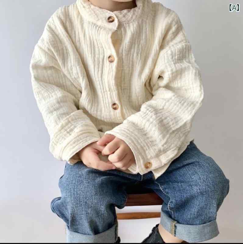 ・カテゴリ: 子供用シャツ・対象性別: 男女兼用・対象年齢: 中小童（3～8歳、100～140cm）・スタイル: 韓国風・ネックライン: スタンドカラー・袖丈: 長袖・柄: 無地・素材: 綿95%・安全基準: A類・カラー展開: ベージュ、グレー・サイズ展開: 80cm、90cm、100cm、110cm、120cm、130cm、140cm