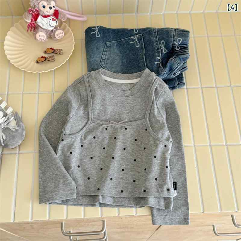 Tシャツ カットソー キッズ 女の子 長袖 レイヤード風 ドット柄 水玉 ベビー トップス 丸首 クルーネック プルオーバー 子供服 かわいい おしゃれ 通園 通学 デイリー 普段使い カジュアル 秋 春 秋冬 コットン