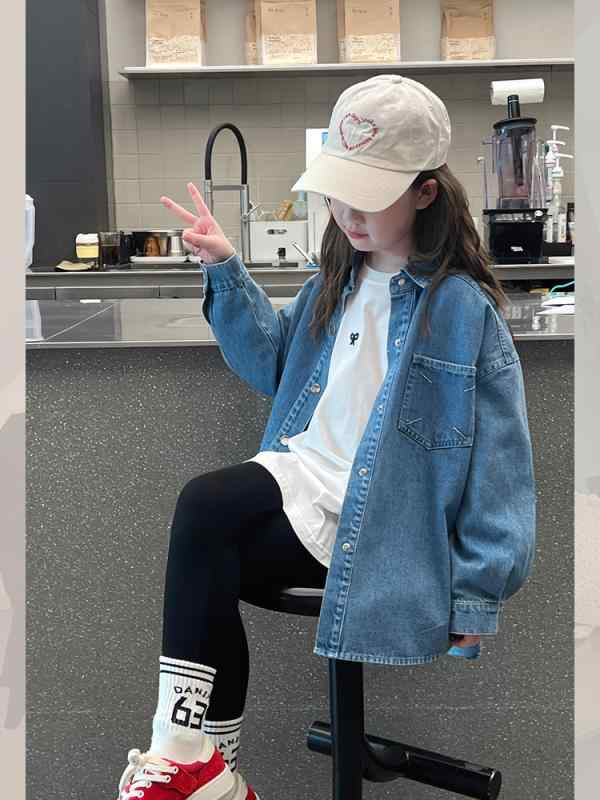 シャツ 女の子 キッズ 子供服 デニムシャツ 襟付き トップス ジーパン素材 長袖 前...