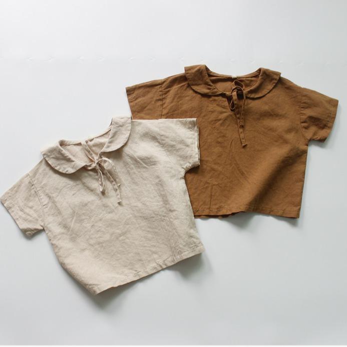 Tシャツ キッズ 男の子 女の子 子供服 トップス カットソー 半袖 綿麻 コットンリネン 無地 襟付き ポロシャツ風 プルオーバー スリット入り カジュアル シンプル さわやか ナチュラル