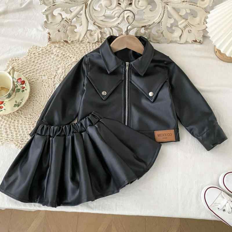 セットアップ 女の子 キッズ 子供服 アウター レザージャケット ライダースジャケット ショート丈 プリーツスカート 2点セット 上下セット 秋冬 秋服 洋服 おしゃれ かわいい カジュアル ガールズ