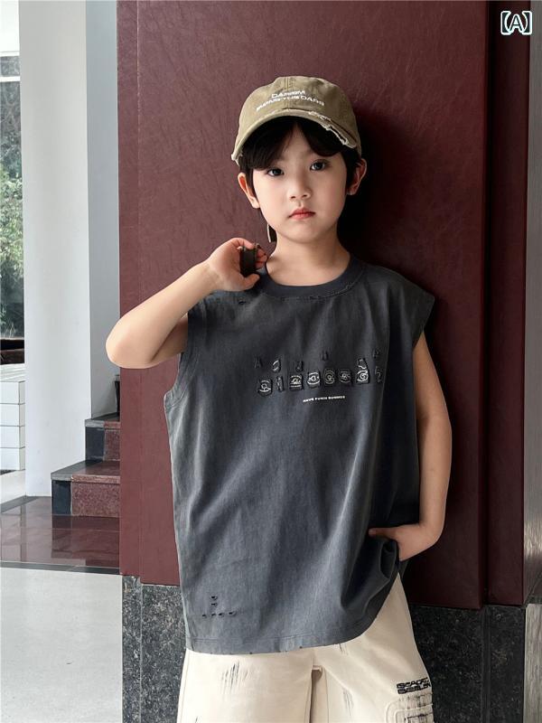 ビジョンストアのタンクトップ キッズ 男の子 女の子 子供服 ノースリーブ Tシャツ 綿 コットン トップス インナー カットソー 夏物 サマー 涼しい カジュアル シンプル ユーズド風 ダメージ加工 ワッペン 刺繍 丸首 クルーネック｜アングル2