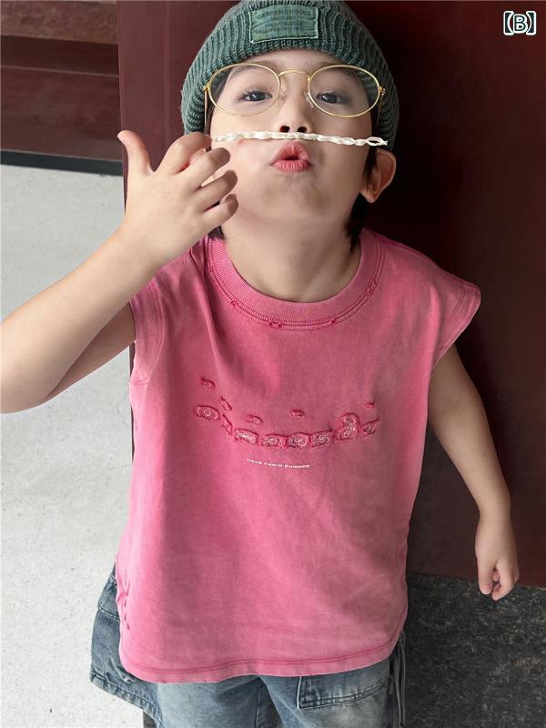 ビジョンストアのタンクトップ キッズ 男の子 女の子 子供服 ノースリーブ Tシャツ 綿 コットン トップス インナー カットソー 夏物 サマー 涼しい カジュアル シンプル ユーズド風 ダメージ加工 ワッペン 刺繍 丸首 クルーネック｜アングル3