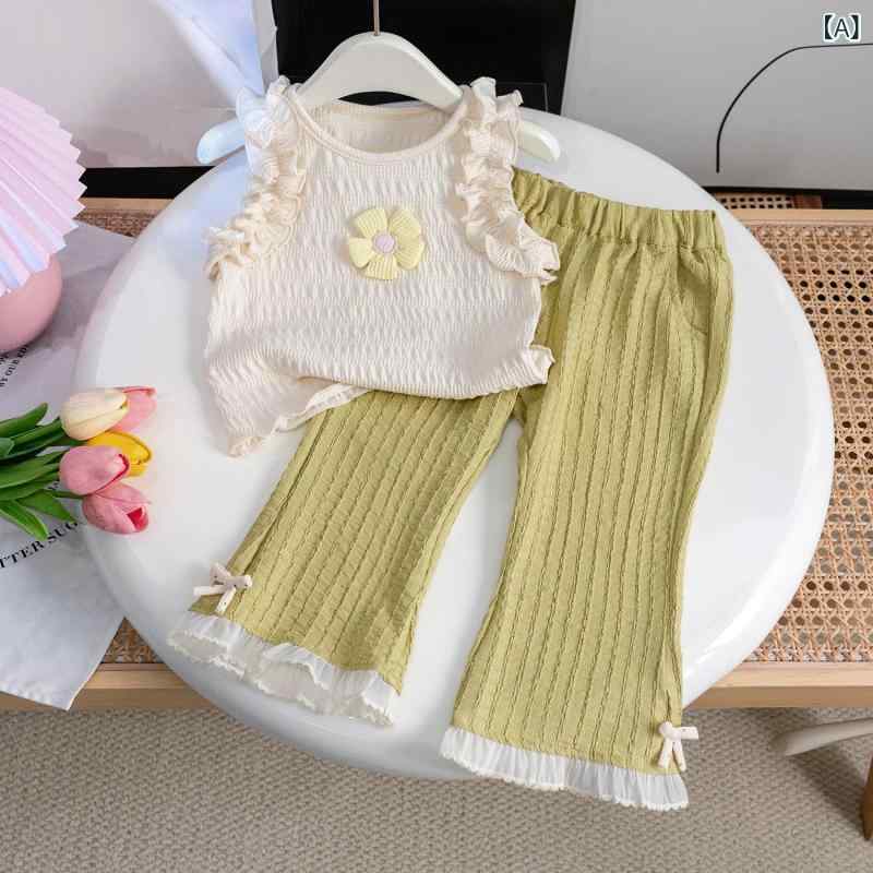 ビジョンストアのセットアップ 女の子 キッズ ベビー ノースリーブ トップス T恤 Tシャツ ズボン パンツ 喇叭パンツ ラッパズボン 2点セット 花 立体フラワー コットン 綿 柔らかい 通気性 カジュアル かわいい ガールズ 女児 幼児 上下セット｜アングル2