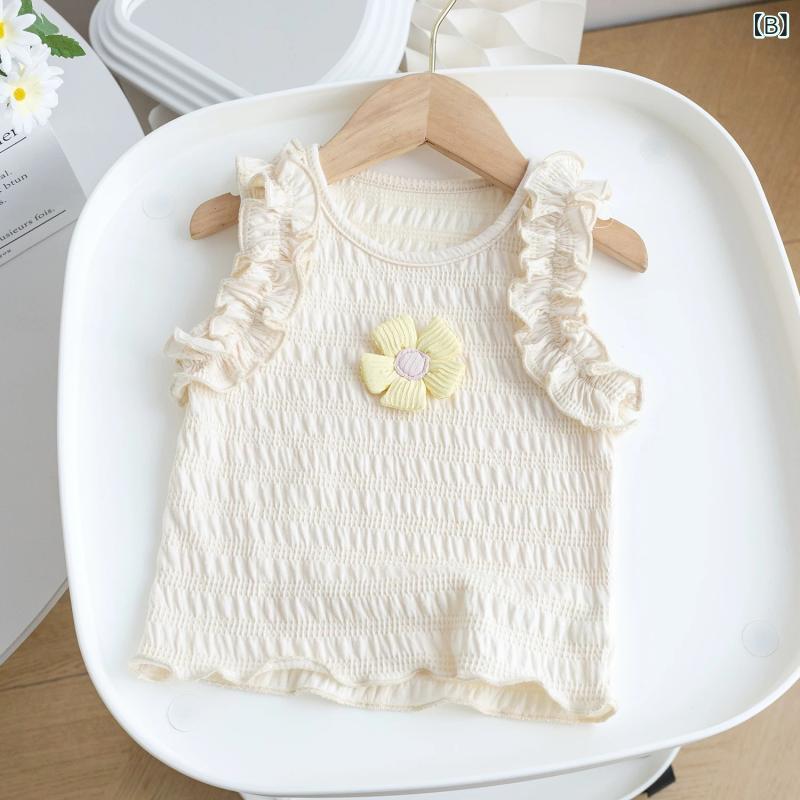 ビジョンストアのセットアップ 女の子 キッズ ベビー ノースリーブ トップス T恤 Tシャツ ズボン パンツ 喇叭パンツ ラッパズボン 2点セット 花 立体フラワー コットン 綿 柔らかい 通気性 カジュアル かわいい ガールズ 女児 幼児 上下セット｜アングル3