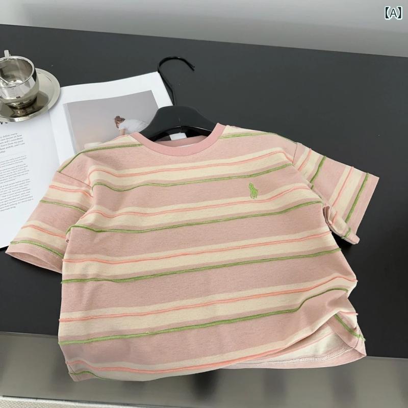 ビジョンストアのTシャツ キッズ 男の子 女の子 半袖 カットソー トップス 子供服 子供用 ジュニア ベビー クルーネック 丸首 ボーダー しましま ストライプ カジュアル 普段使い 通学 通園 お出かけ 涼しい 軽量 薄手 柔らかい 綿 春｜アングル2