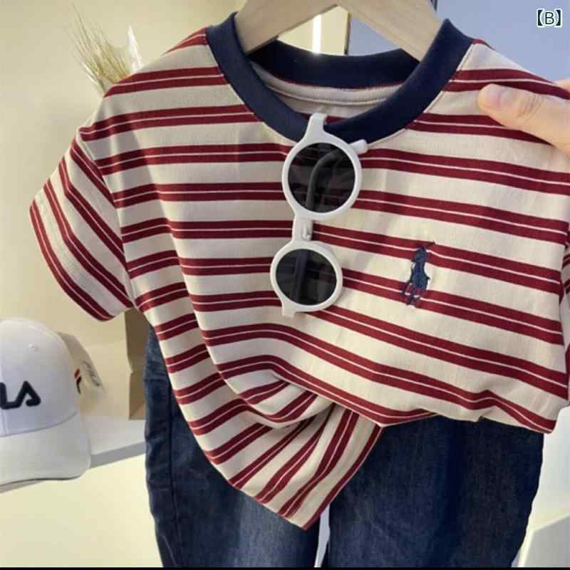 ビジョンストアのTシャツ キッズ 男の子 女の子 半袖 カットソー トップス 子供服 子供用 ジュニア ベビー クルーネック 丸首 ボーダー しましま ストライプ カジュアル 普段使い 通学 通園 お出かけ 涼しい 軽量 薄手 柔らかい 綿 春｜アングル3