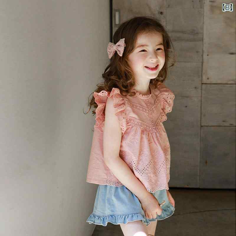 ビジョンストアのシャツ キッズ 女の子 子供服 ベビー トップス ブラウス 刺繡 レース フリル ノースリーブ チュニック 前ボタン ギャザー 襟付き 丸襟 薄手 軽い 涼しい 綿 100 コットン 無地 ホワイト アイボリー ナチュラル ガーリー かわいい おしゃれ｜アングル3