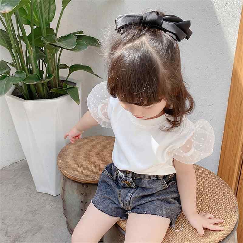 Tシャツ 女の子 キッズ ベビー 半袖 トップス インナー カットソー ポプリン シアサッカー パフスリーブ フレアスリーブ ボリューム袖 ドット柄 水玉模様 丸首 クルーネック プルオーバー 綿 コットン かわいい 通気性 通学 普段着回 通園 普段着