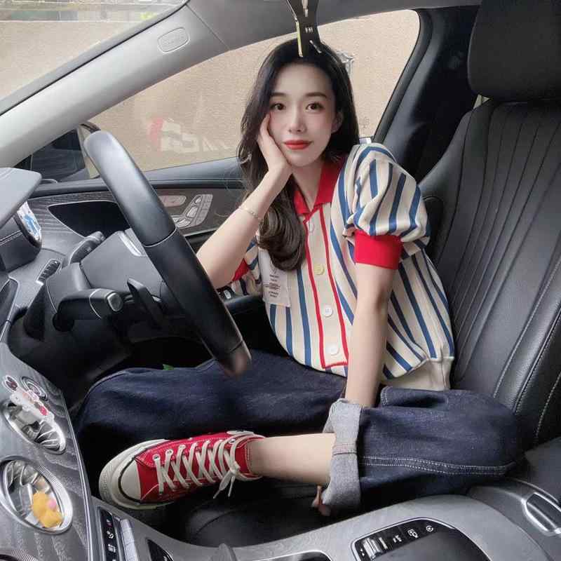 Tシャツ レディース カットソー トップス 半袖 襟付き ボーダー柄 パフスリーブ プルオーバー ポロシャツ 襟 クルーネック 伸縮性 ゆったり 着痩せ 普段使い 通勤用 カジュアル 通学 かわいい おしゃれ インフルエンサー サマー 春夏