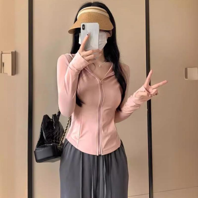 防晒衣 レディース アウター ジャケット 接触冷感 UVカット 日焼け防止 瑜伽服 ヨガウェア トップス スポーツウェア ピラティス 伸縮性 軽量 通気性 吸湿速乾 指穴付き フード付き ファスナー カジュアル ピンク系