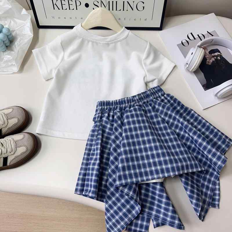セットアップ キッズ 女の子 半袖 ショートスリーブ ギンガムチェック 格子柄 スカートパンツ キュロット 半ズボン カジュアル 韓国風 かわいい トップス ボトムス 上下セット 通学 通園 お出かけ 普段使い サマー