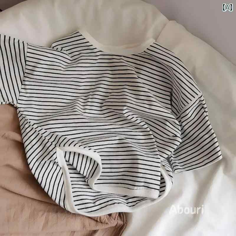 Tシャツ トップス キッズ 男の子 女の子 ボーダー 柄 綿100% 半袖 丸首 カットソー クルーネック ゆったり 着回し 子供服 ジュニア服 ベビー服 カジュアル 普段使い 通園 通学 プルオーバー マルチボーダー 薄手