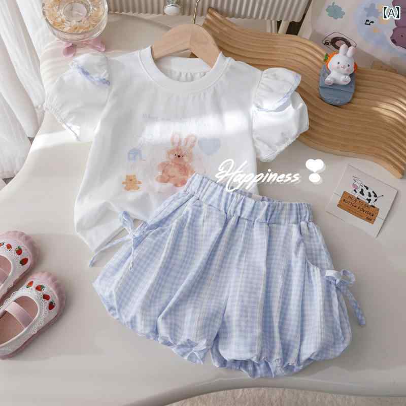 ビジョンストアのセットアップ 女の子 キッズ 子ども服 半袖 Tシャツ ショートパンツ ハーフパンツ 短パン 上下セット 2点セット トップス ボトムス カットソー ガールズ 夏 サマー 涼しい 薄手 伸縮性 通学 普段着 デイリー かわいい おしゃれ キャラクター プ｜アングル2