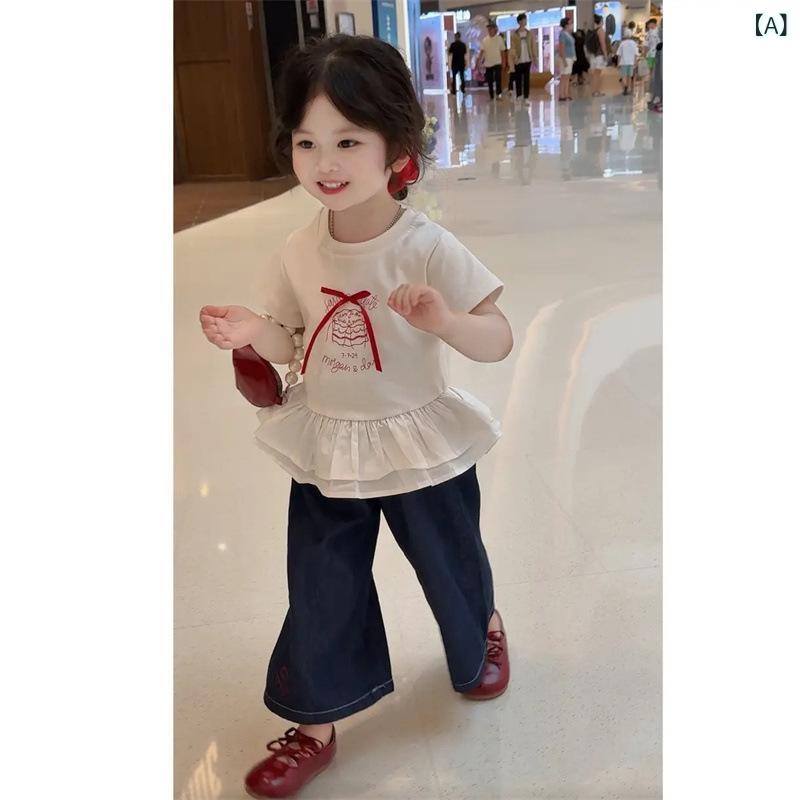 Tシャツ 女の子 キッズ 子供服 夏服 半袖 トップス カットソー プルオーバー スウィート かわいい チュール 2重 リボン ダブル フリル クルーネック 丸首 普段使い 通学 通園 お出かけ デイリー ガーリー 幼児