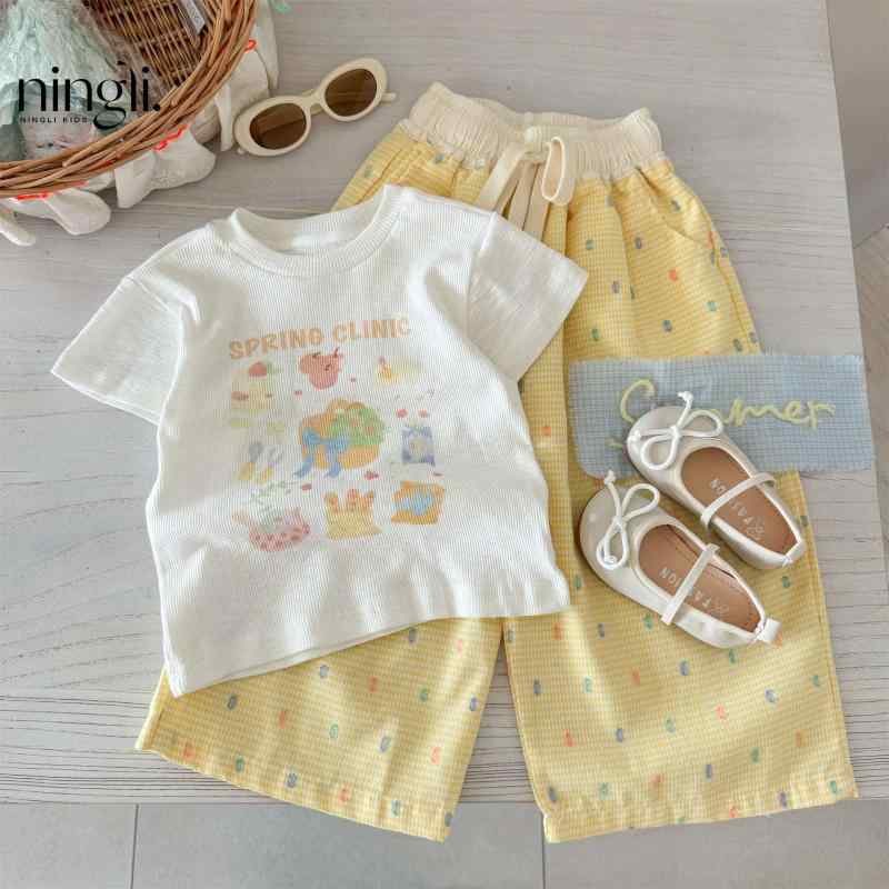セットアップ キッズ 女の子 半袖 Tシャツ カットソー 半袖Tシャツ 丸首 プリント イラスト ドット柄 ワイドパンツ 闊腿パンツ ロングパンツ 長ズボン ボトムス 上下セット 2点セット かわいい イエロー カジュアル 通学通園 通学 黄色