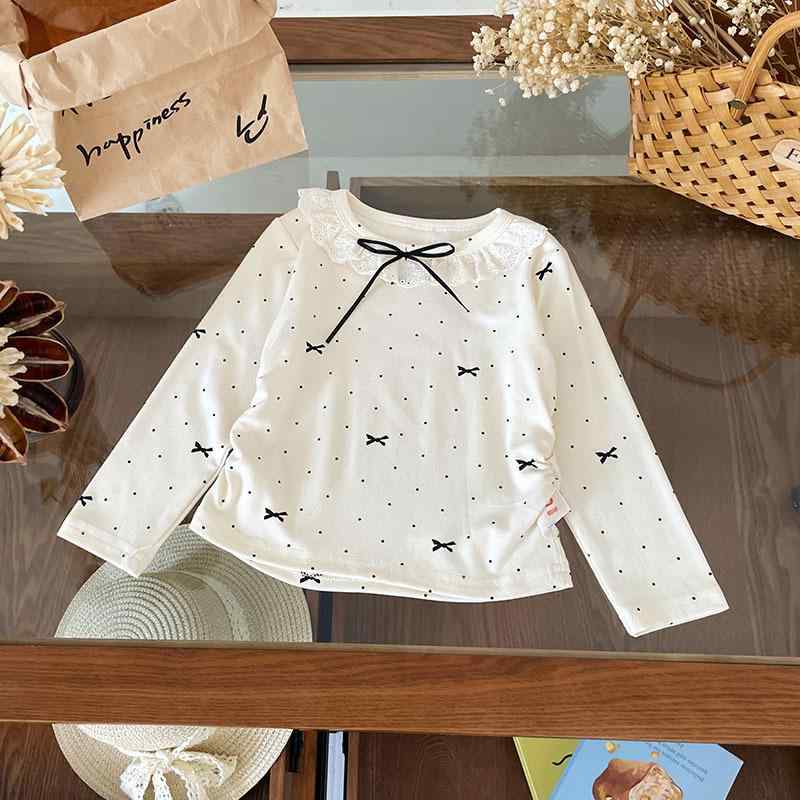 Tシャツ 女の子 キッズ 子供 長袖 カットソー トップス 秋 秋冬 韓国風 フリル襟 花辺襟 蝶結び リボン プルオーバー カジュアル 普段使い 通学 通園 インナー コットン 綿 伸縮性 かわいい