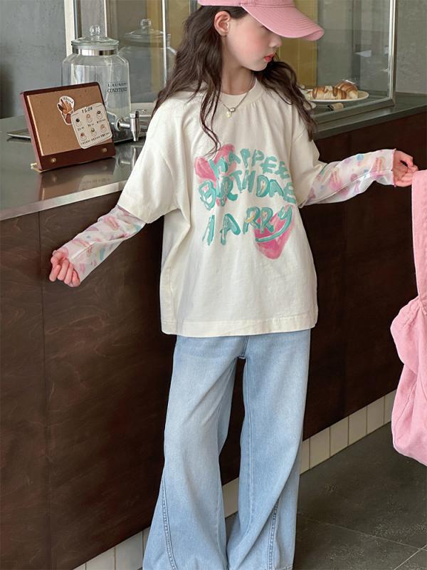 Tシャツ トップス キッズ 女の子 ガールズ 子供服 長袖 フェイクレイヤード 重ね着風 カットソー プルオーバー 防蚊 虫よけ 日焼け防止 紫外線対策 UVカット 涼しい 薄手 快適 通気性 カジュアル ゆったり 英字 プリント ラウンドネック