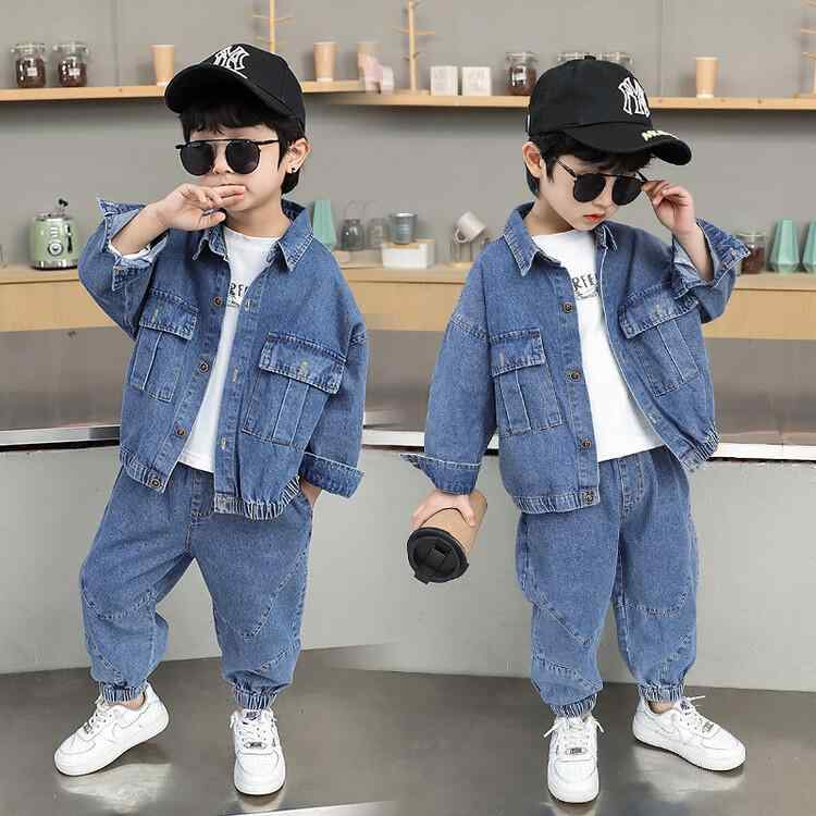 セットアップ デニム 男の子 キッズ 子供服 デニムジャケット アウター 長袖 ジーンズ ジーパン ロングパンツ ズボン 2点セット 上下セット トップス ボトムス 無地 カジュアル ストリート かっこいい おしゃれ ブルー