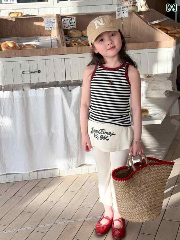セットアップ キッズ 女の子 子供服 上下セット ノースリーブ 袖なし タンクトップ 背心 フレアパンツ 喇叭パンツ ズボン ボトムス 洋風 洋気 ベビー 赤ちゃん ガールズ ジュニア カジュアル かわいい 春夏