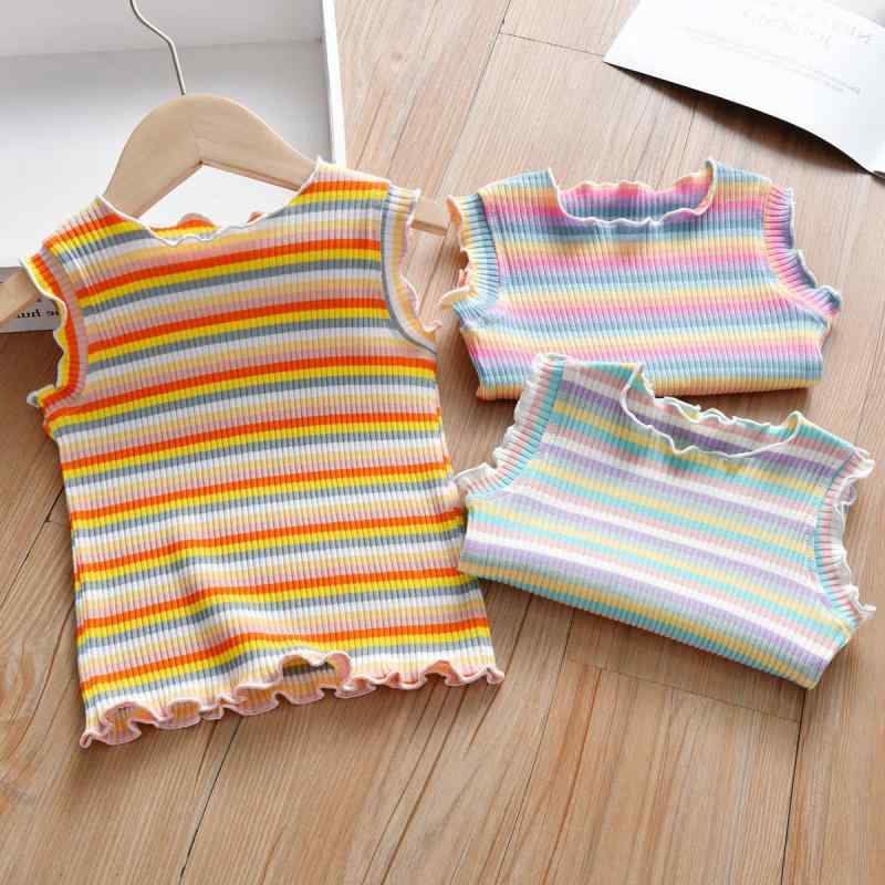 Tシャツ キッズ 女の子 ガールズ タンクトップ ノースリーブ 袖なし トップス ベビー 子供服 木耳辺 フリル カラフル レインボー 虹色 マルチカラー ボーダー しましま ストライプ 韓国風 カジュアル お出かけ 夏服