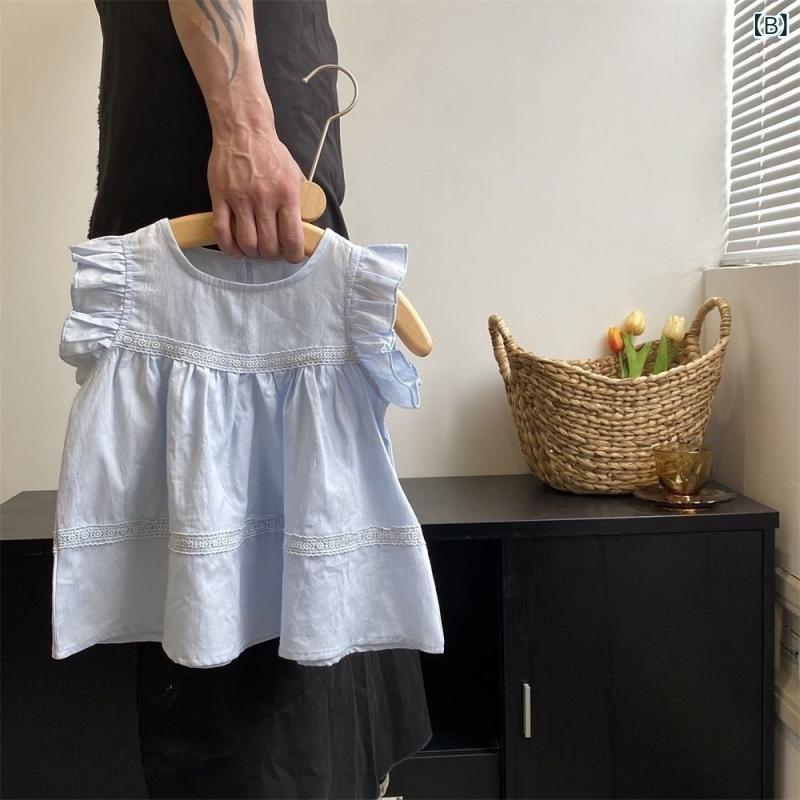 ビジョンストアのセットアップ キッズ 女の子 子供 飛袖 シャツ 娃娃衫 パンツ ワイドパンツ ガウチョパンツ 2点セット 夏服 サマー 韓国風 おしゃれ かわいい ベビー服 フリル トップス ボトムス 半袖 薄手 涼しい ウエストゴム かわいい 普段使い 通園 通園｜アングル3