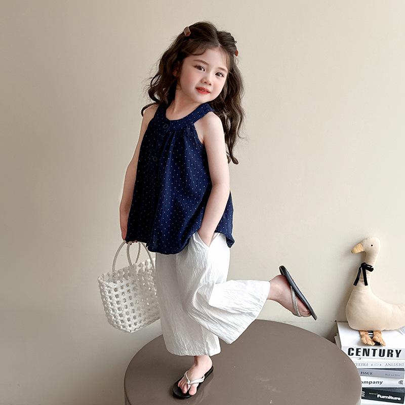 セットアップ 女の子 キッズ 子供 ドット柄 ホルターネック キャミソール ノースリーブ トップス パンツ 2点セット 上下セット 半袖 サマー 涼しい 薄手 ウエストゴム カジュアル かわいい おしゃれ お出かけ 普段着
