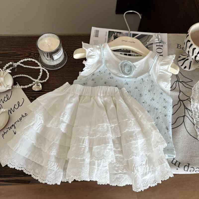 セットアップ キッズ 女の子 2点セット チュニック キャミソール トップス フリル ノースリーブ 袖なし 花柄 総柄 キュロットパンツ ショートパンツ ボトムス 短パン レース ホワイト 涼しい かわいい 動きやすい 夏服