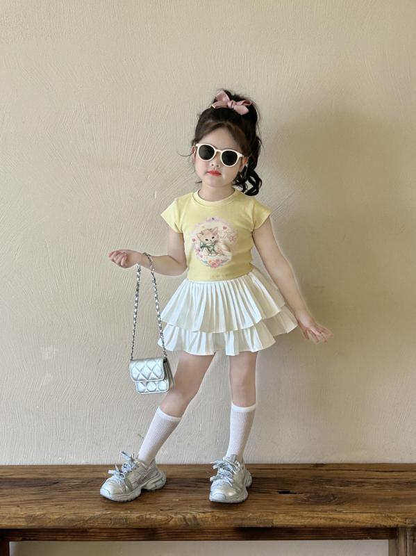 Tシャツ 半袖 女の子 キッズ 子供 トップス 飛袖 カットソー プルオーバー 無地 百褶裙 プリーツスカート 上下セット セットアップ ニット 薄手 伸縮性 通気性 カジュアル かわいい ガールズ ホワイト