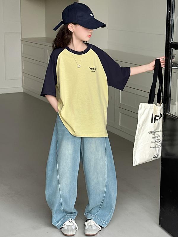 Tシャツ キッズ 女の子 ガールズ 子供服 ジュニア トップス 半袖 カットソー プルオーバー サマー 夏服 運動着 通学 通園 外遊び 普段使い カジュアル バイカラー 切り替え 配色 ラグランスリーブ クルーネック 丸首 伸縮性 吸汗 通気 軽量 柔