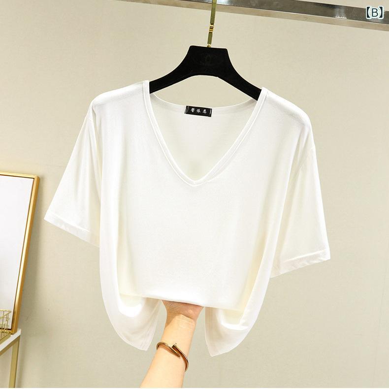ビジョンストアのTシャツ レディース カットソー 半袖 Vネック モダール トップス プルオーバー 薄手 軽い 軽量 伸縮性 柔らかい インナー アンダーウェア ルームウェア 部屋着 普段使い カジュアル 無地 春夏 サマー 大きいサイズ｜アングル2