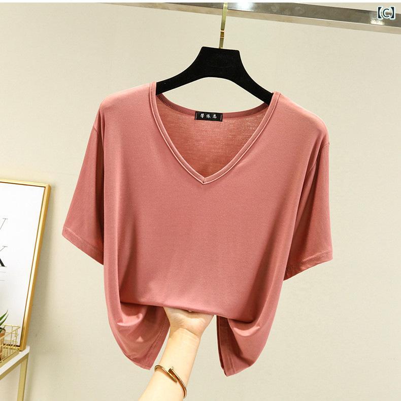 ビジョンストアのTシャツ レディース カットソー 半袖 Vネック モダール トップス プルオーバー 薄手 軽い 軽量 伸縮性 柔らかい インナー アンダーウェア ルームウェア 部屋着 普段使い カジュアル 無地 春夏 サマー 大きいサイズ｜アングル3