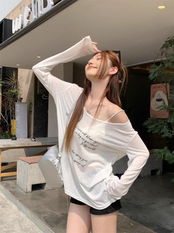 Tシャツ レディース 長袖 トップス カットソー 露肩 オフショルダー サマーニット 薄手 シアー 紫外線対策 日焼け防止 防晒 ゆるシルエット ルーズ 慵懶風 韓国風 ヘルシー 肌見せ デイリー カジュアル 普段使い