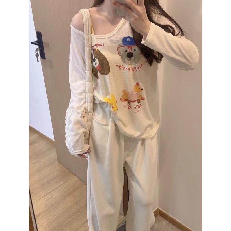 ・カテゴリ: Tシャツ・スタイル: スタイル: 可愛風・サイズ展開: S、M、L、XL・カラー展開: ホワイト、アプリコット・ネックライン: Vネック・衣丈: ミディアム丈（65cm超80cm以下）・シルエット: ルーズ・袖丈: 長袖・柄: アニメ・キャラクター・工芸: プリント・トレンド要素: プリント、キャラクター