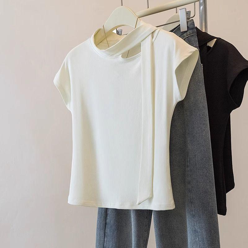 Tシャツ レディース 半袖 トップス カットソー プルオーバー 正肩 スリム タイト 細見え 着痩せ 体型カバー お腹隠し デザイン性 リボン 飄帯 薄手 軽い 軽量 伸縮性 ストレッチ カジュアル 通勤 通学 普段使い オフィス オフィスカジュアル デ