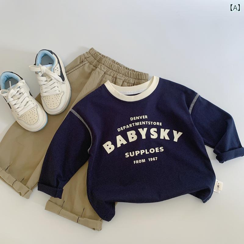 ・カテゴリ: 子供Tシャツ・スタイル: 韓国風・性別: ユニセックス・フード: フードなし・袖丈: 長袖・対象年齢: 中小童（3〜8歳、100〜140cm）・生地加工: 柔軟加工・柄: アルファベット・デザイン要素: アルファベット、トレンド・素材: 綿100%・安全基準: A類・ネックライン: クルーネック・機能: 紫外線防止・カラー展開: ネイビー、ベージュ・対応身長: 90cm、100cm、110cm、120cm、130cm、140cm