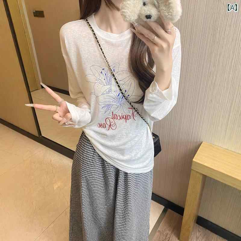 Tシャツ レディース 長袖 カットソー ロンT プルオーバー 丸首 ラウンドネック 白 ホワイト プリント 透け感 シアー素材 日焼け防止 薄手 トップス 部屋着 カジュアル 普段使い インナー 伸縮性 柔らかい