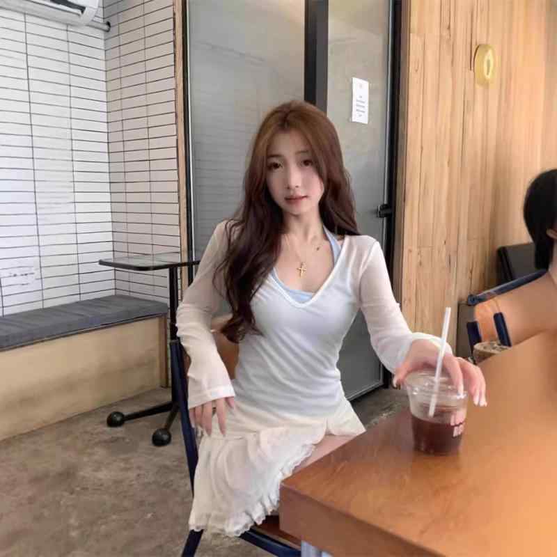 ・カテゴリ: Tシャツ・スタイル: 通勤風、甜美清新・柄: 纯色・仕様: 2点セット・袖丈: 長袖・ネックライン: Vネック・袖型: レギュラースリーブ・カラー展開: グリーン、ホワイト・サイズ展開: M、L、XL、2XL