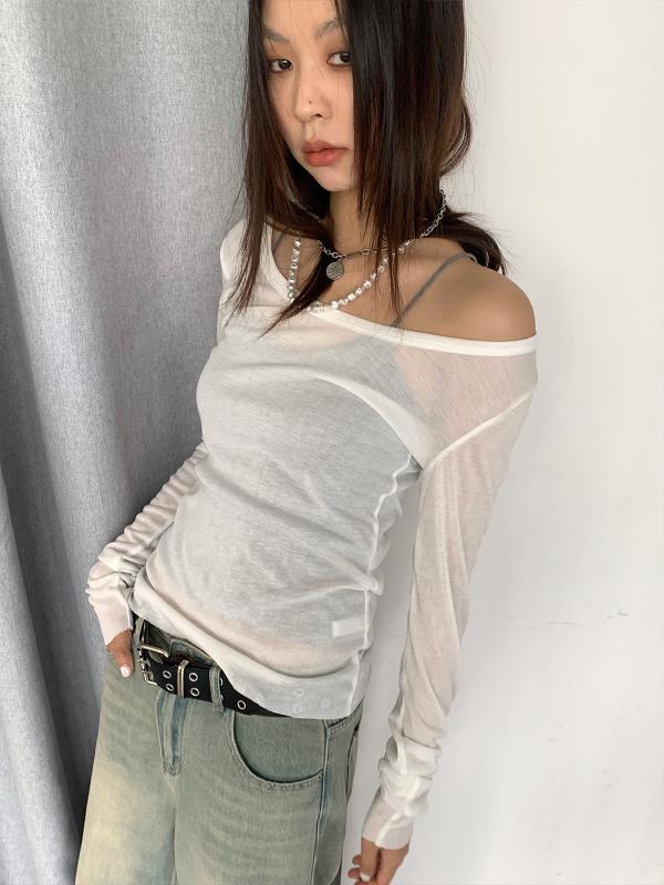 Tシャツ カットソー トップス レディース 長袖 透け感 シアー サマーニット プルオーバー チュニック 薄手 紫外線対策 UV対策 冷房対策 透かし編み 無地 カラフル クルーネック カジュアル シンプル フェミカジ