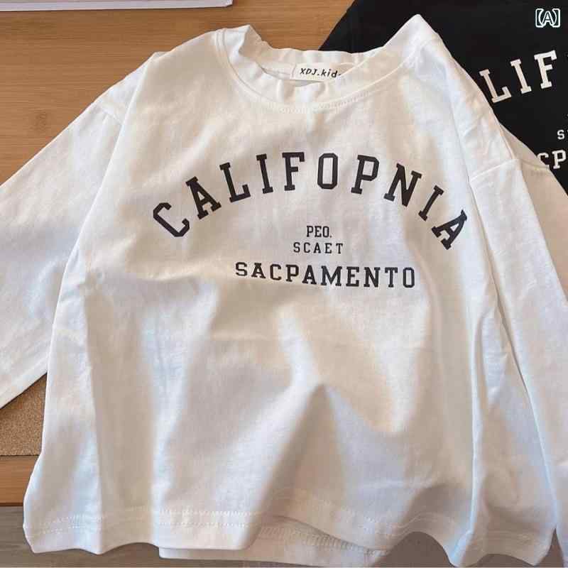 ・カテゴリ: 子供用Tシャツ・対象性別: 男女兼用・スタイル: 韓国風・フード: なし・袖丈: 長袖・対象年齢: 中小童（3～8歳、100～140cm）・生地加工: 紫外線防止、柔軟処理・柄: 無地、アルファベット・主な素材: 綿100%・ネックライン: クルーネック・機能: 静電気防止・カラー展開: ホワイト-ブラック、ブラック-ホワイト・対応身長: 90cm、100cm、110cm、120cm、130cm、140cm