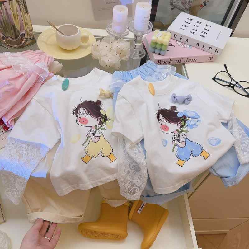 ・カテゴリ: キッズ用セットアップ・対象性別: 女の子・スタイル: 韓国風・セット内容: 2点セット・袖丈: 半袖・フード: なし・パンツ丈: 長ズボン・生地加工: ソフト加工・生地の厚さ: 薄手・柄: アニマル、キャラクター・デザイン要素: レース、キャラクター、キュート、プリント、トレンド・素材: 綿100%・安全基準: Aクラス・留め具の種類: プルオーバー・カラー展開: ピンク、ブルー、イエロー・サイズ展開: 90cm、100cm、110cm、120cm、130cm、140cm、150cm、160cm、170cm