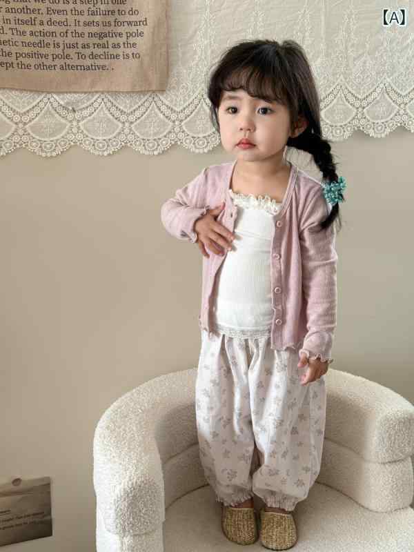 ・カテゴリ: キッズセットアップ・スタイル: 韓国風・対象性別: 女の子・セット内容: トップス、ボトムス・対象年齢: ベビー・キッズ（1～3歳、身長80～100cm）・袖丈: ノースリーブ・フード: フードなし・パンツ丈: ロングパンツ・生地加工: ソフト加工・生地の厚さ: 薄手・柄: 無地・デザイン要素: 可愛い、カーディガン、トレンド・主な素材: 綿95%・安全基準: A類・留め具の種類: プルオーバー・カラー展開: 花柄レース日焼け防止カーディガン、花柄レースキャミソール、小花柄虫よけパンツ・サイズ展開: 73cm、80cm、90cm、100cm、110cm、120cm