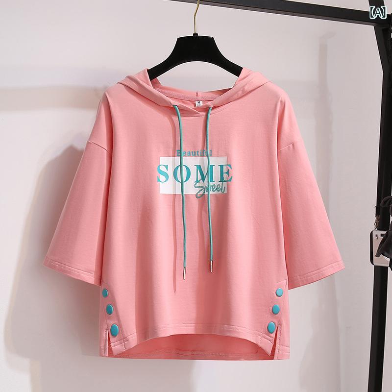 ・カテゴリ: Tシャツ・スタイル: カジュアル・素材: ポリエステル・ネックライン: フード付き・袖丈: 半袖・袖型: レギュラー・デザイン: プルオーバー・柄: プリント・シルエット: ルーズ・衣丈: 50cm超65cm以下・カラー展開: ピンク、ホワイト、オレンジ・サイズ展開: M、L、XL、XXL
