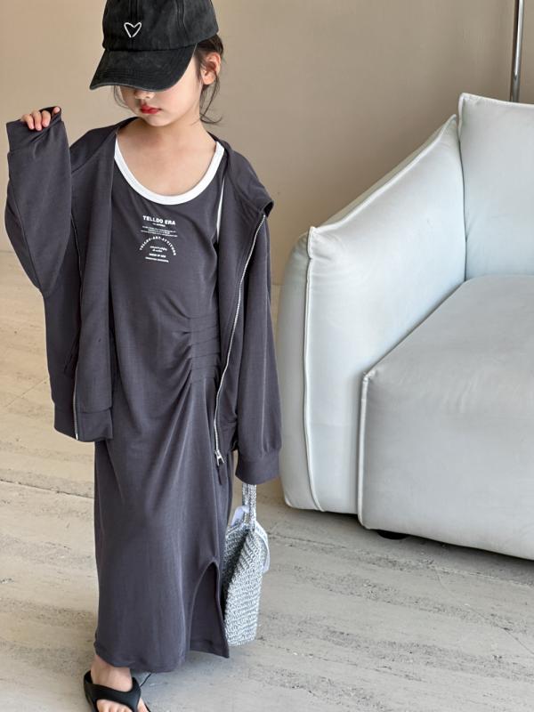 ワンピース 女の子 キッズ ジュニア 子供服 セットアップ ノースリーブ キャミソールワンピース フード付き アウター 接触冷感 防寒 紫外線対策 日焼け防止 日よけ サマーアウター 羽織り 2点セット 上下セット かわいい おしゃれ カジュアル