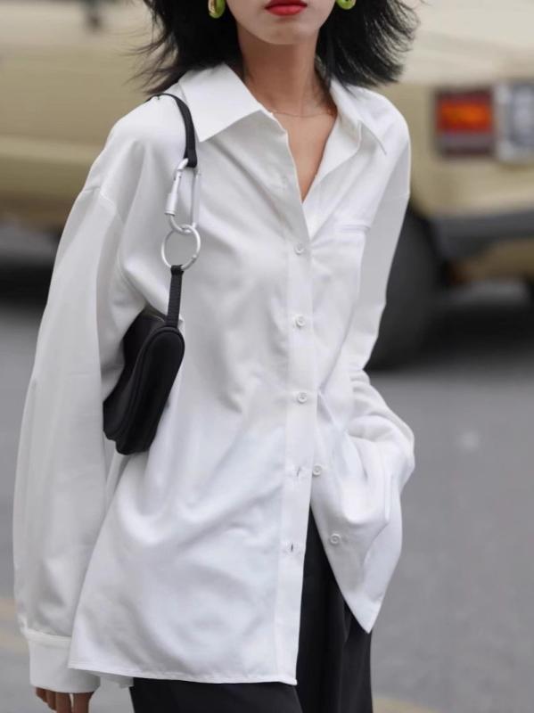 シャツ レディース 春秋 長袖 トップス 白シャツ 襟付き カットソー ブラウス 綺麗め カジュアル オフィスカジュアル 通勤 通学 普段使い 無地 シンプル 白 ホワイト レトロ 切り替え デザイン スタイリッシュ