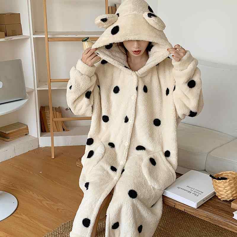 ルームウェア パジャマ レディース 冬 秋冬 ガウン 部屋着 ナイトウェア 寝間着 防寒 保暖 暖かい もこもこ フード付き 羽織 前開き スナップボタン ロング丈 ワンピース 珊瑚フリース フランネル 無地 厚手