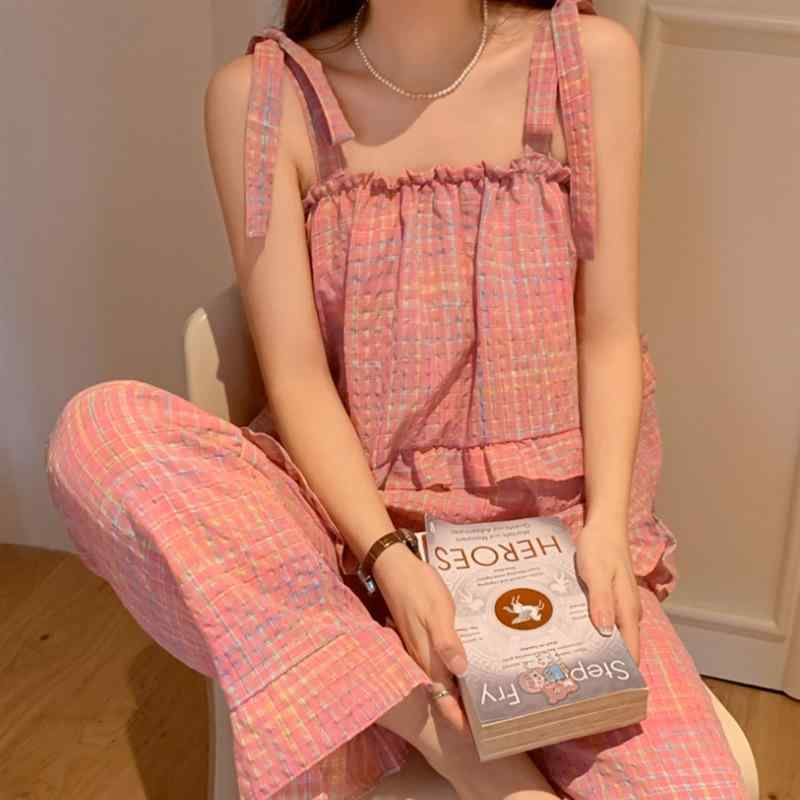 パジャマ レディース ルームウェア 部屋着 上下セット セットアップ キャミソール ロングパンツ 長ズボン 格子柄 チェック ピンク スリープウェア ホームウェア ナイトウェア 韓国風 かわいい ゆったり リラックス 薄手 春